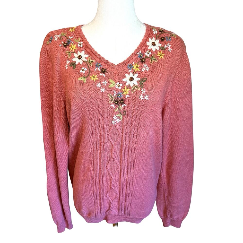 Alfred Dunner Floral Embroidery Beaded Sweater Orange/Pink Women’s M Cottagecore